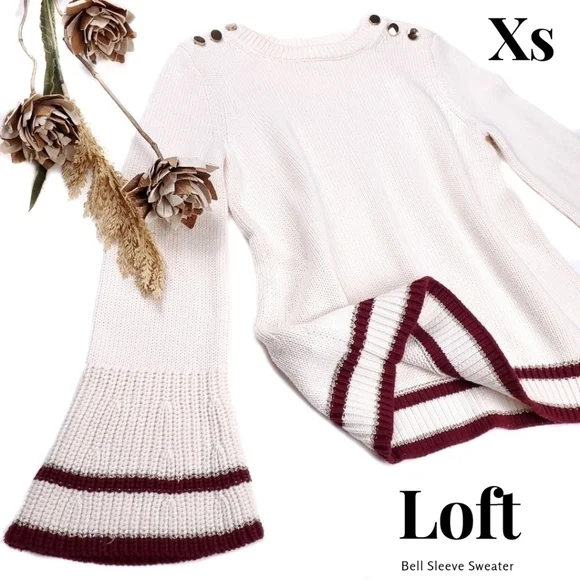 New Loft Cream Red Trim Gold Button Bell Sleeve Sweater Sz Xs - Picture 1 of 14